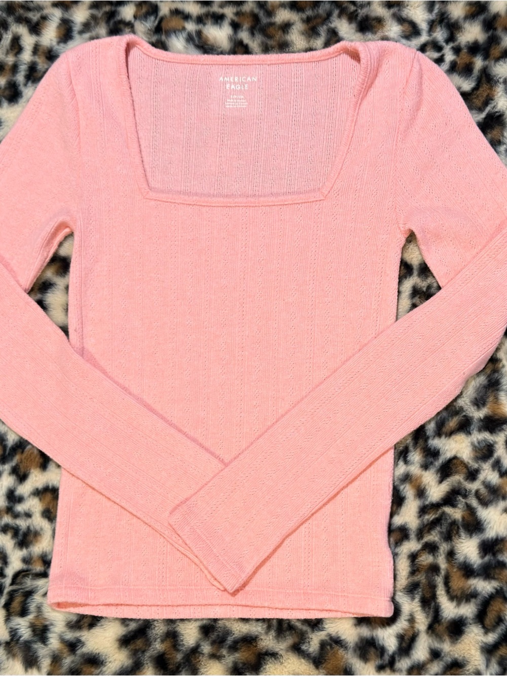 American Eagle Pink Pointelle Square Neck Long Sleeve Top S